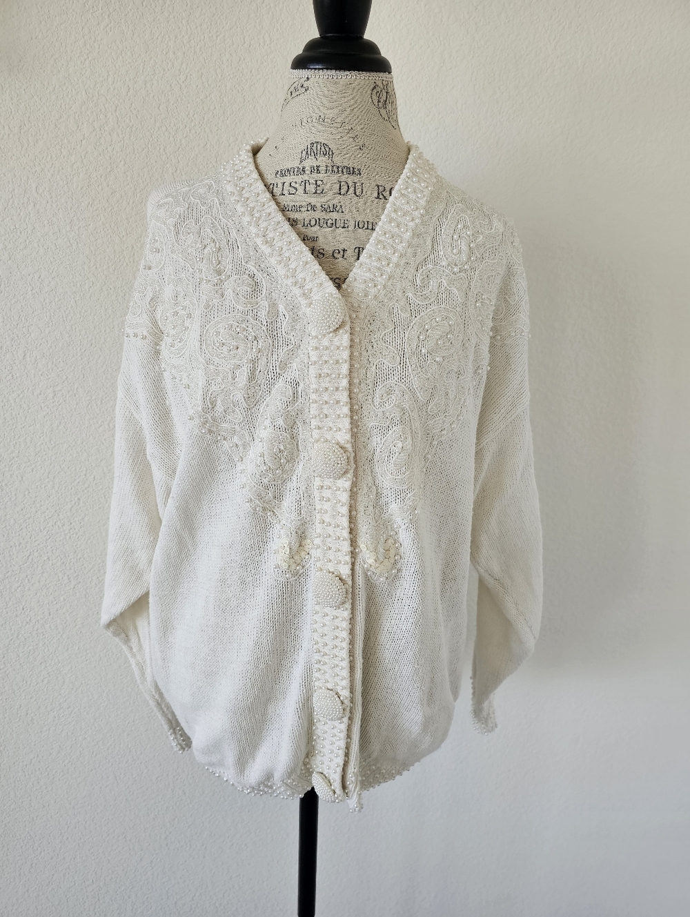 Vintage CLYDE Pearl Beaded Cardigan Sweater Cream Ivory Bridal Wedding 80s 90s
